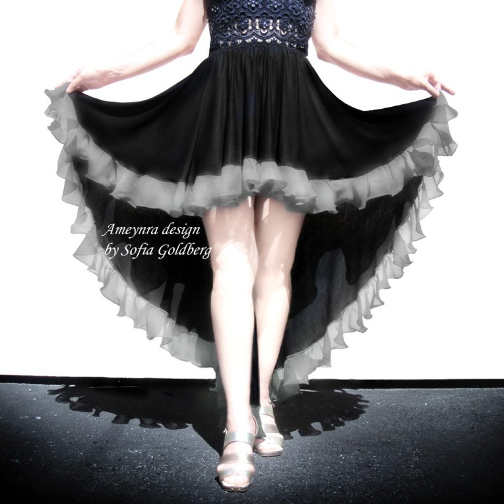 Ameynra high low skirt black rayon with gray chiffon ruffle
